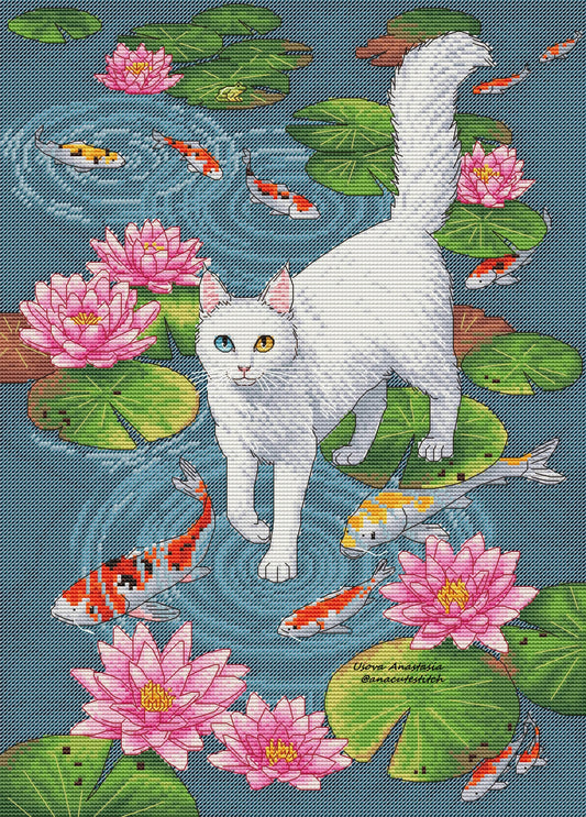 Digital Cross Stitch Pattern "Cat and water lilies"