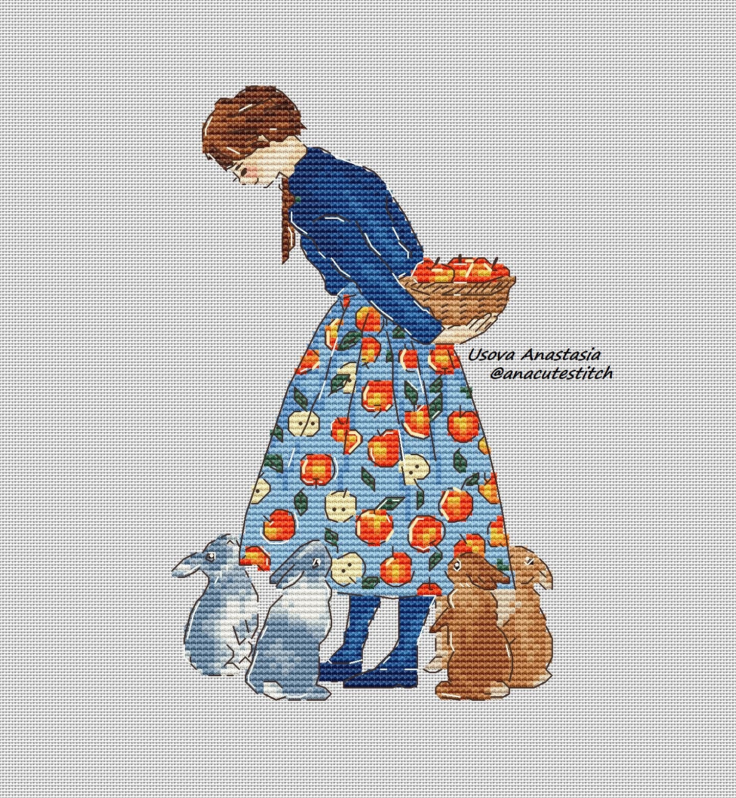 Digital Cross Stitch Pattern "Girl and Rabbits"