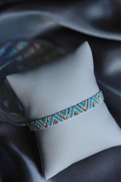 Blue Triangle pattern beaded bracelet using 24K gold plated beads