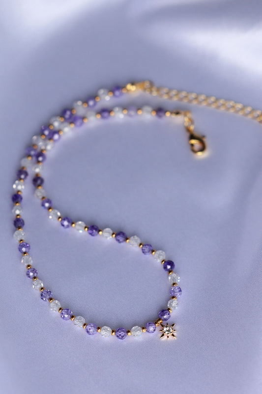 Purple and White Natural Zircon Stone Necklace with Star Pendant