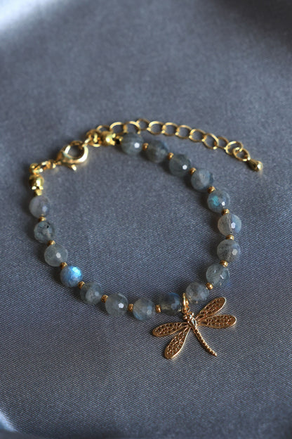 Natural Labradorite Stone Bracelet with a Dragonfly Pendant