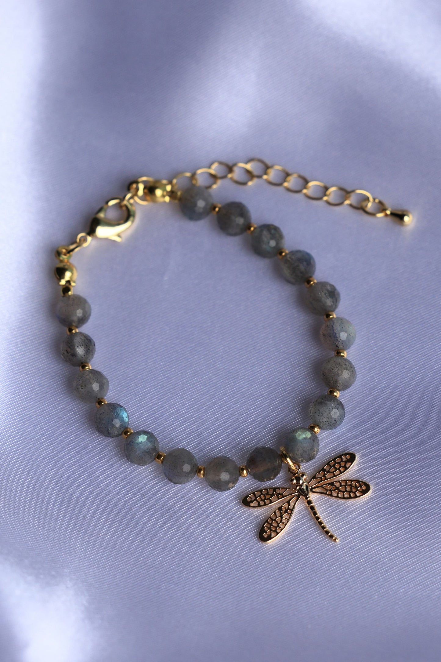 Natural Labradorite Stone Bracelet with a Dragonfly Pendant