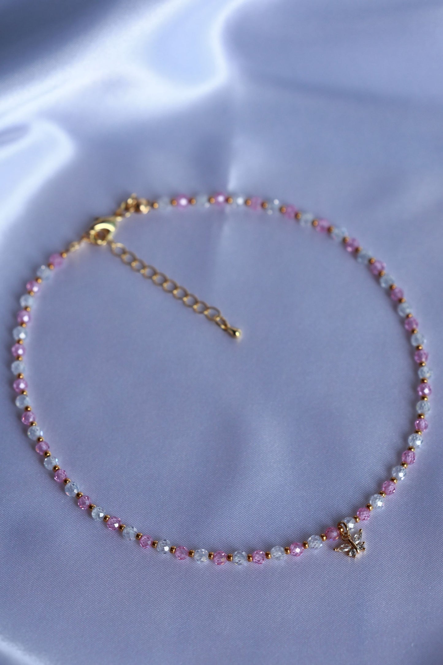 Pink and White Natural Zircon Stone Necklace with Butterfly Pendant