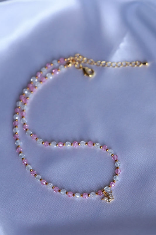 Pink and White Natural Zircon Stone Necklace with Butterfly Pendant