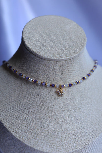 Purple and White Natural Zircon Stone Necklace with Butterfly Pendant