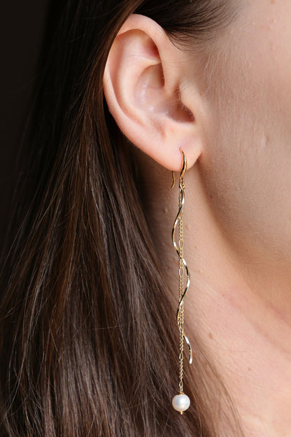 18K Gold Plated Spiral Earrings with Chain and Natural Pearls