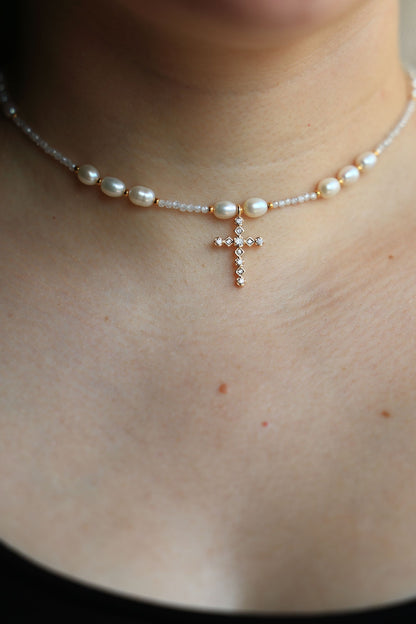 Necklace made of Natural Freshwater Pearls and Natural Zircon stone with a Cross Pendant