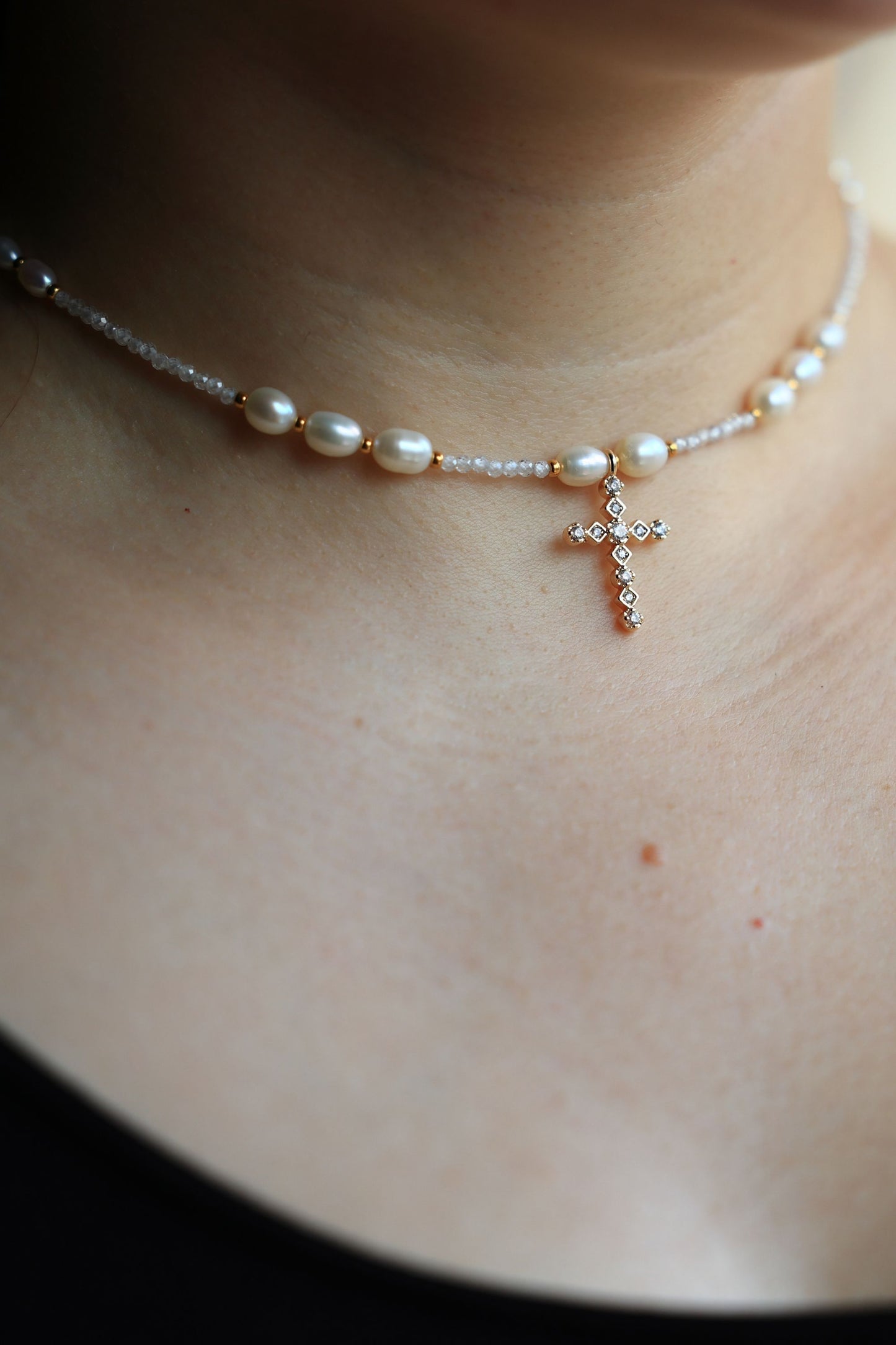 Necklace made of Natural Freshwater Pearls and Natural Zircon stone with a Cross Pendant