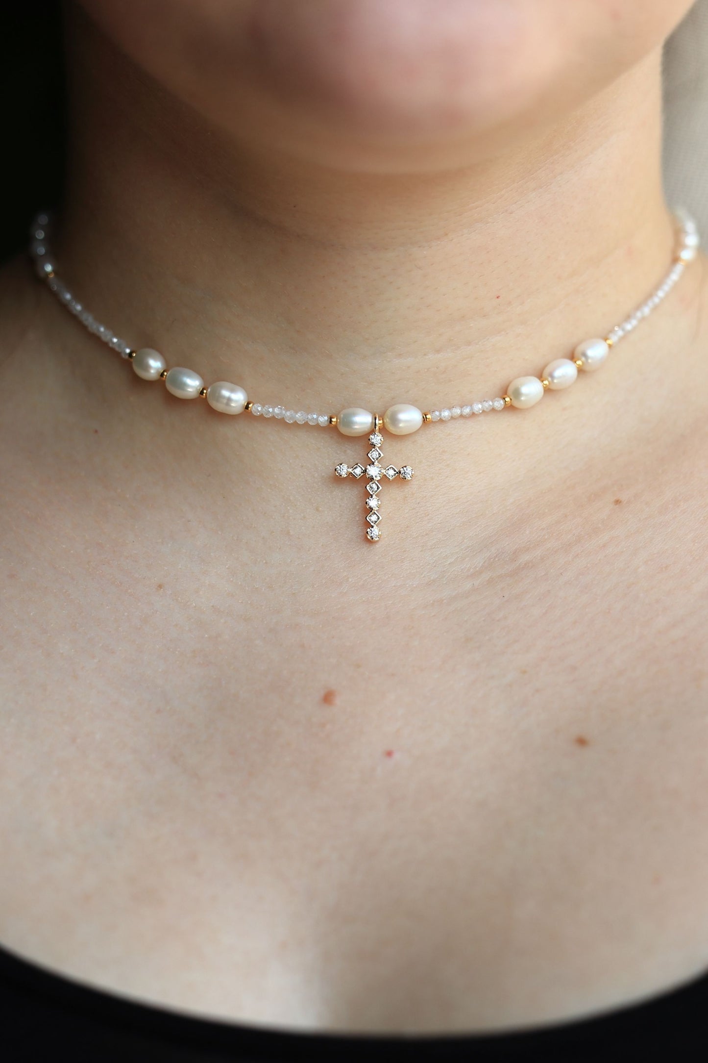 Necklace made of Natural Freshwater Pearls and Natural Zircon stone with a Cross Pendant