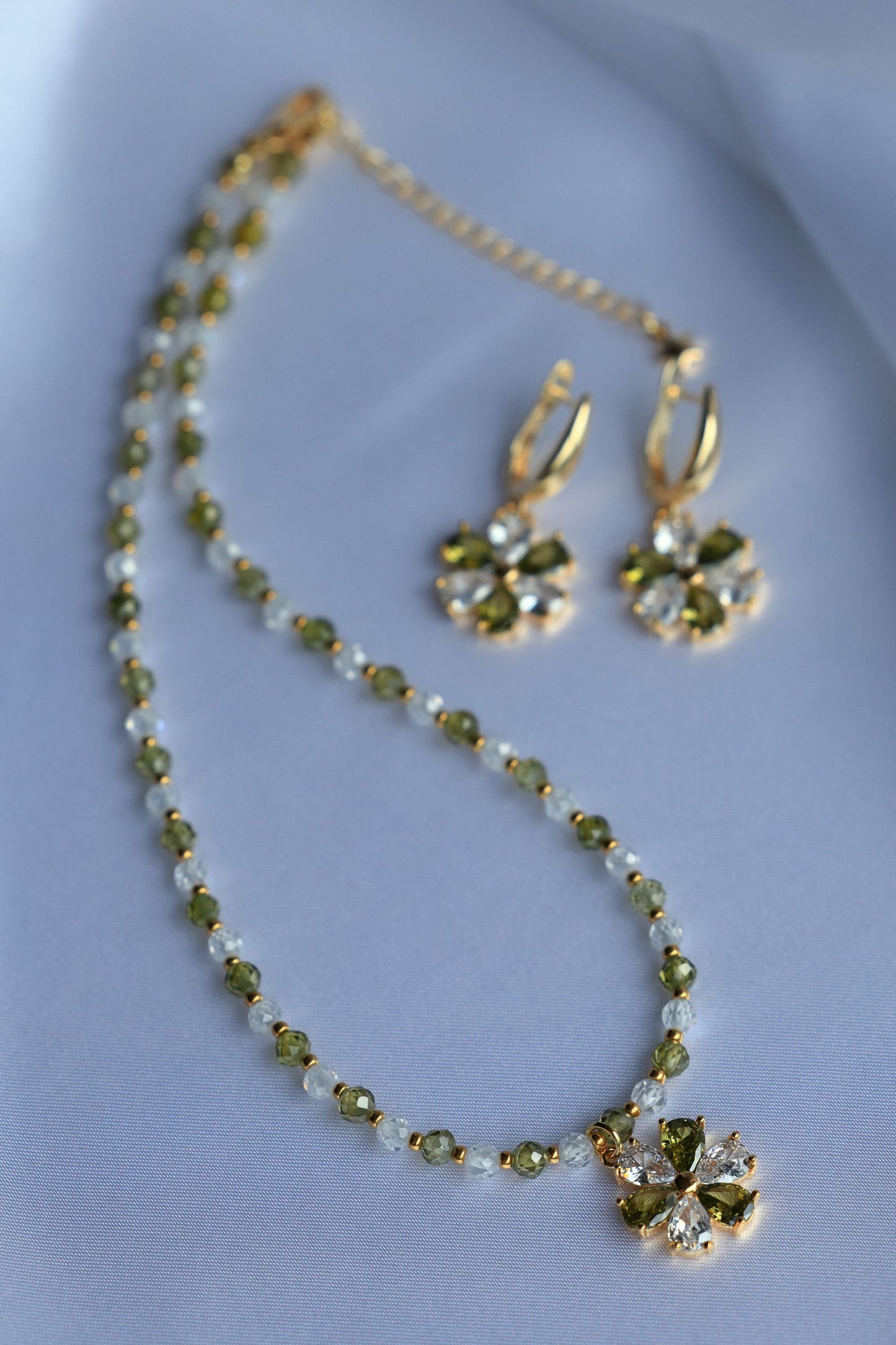 SET Necklace + Earrings, Green Zircon and 24K Gold plated beads