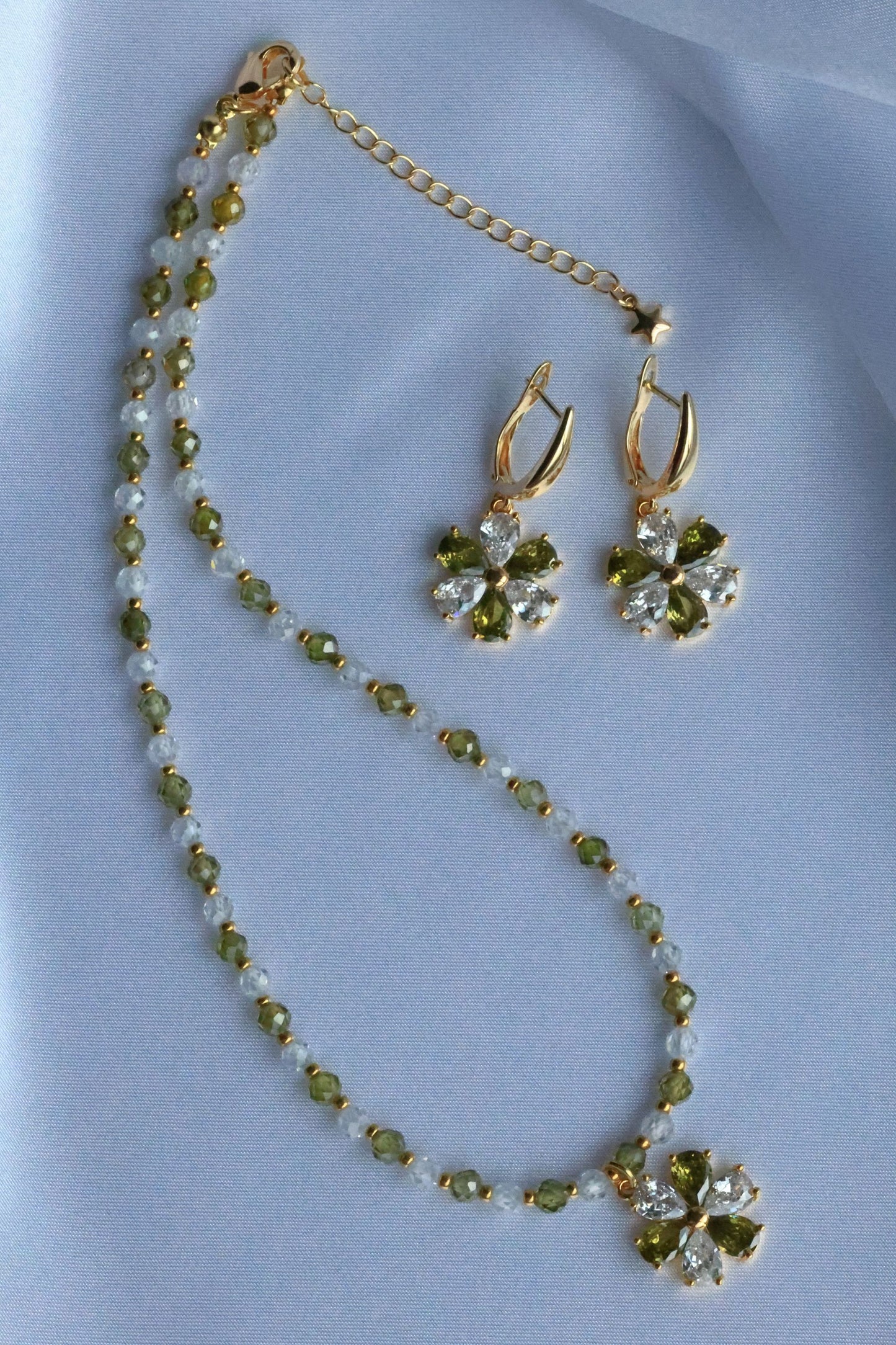 SET Necklace + Earrings, Green Zircon and 24K Gold plated beads