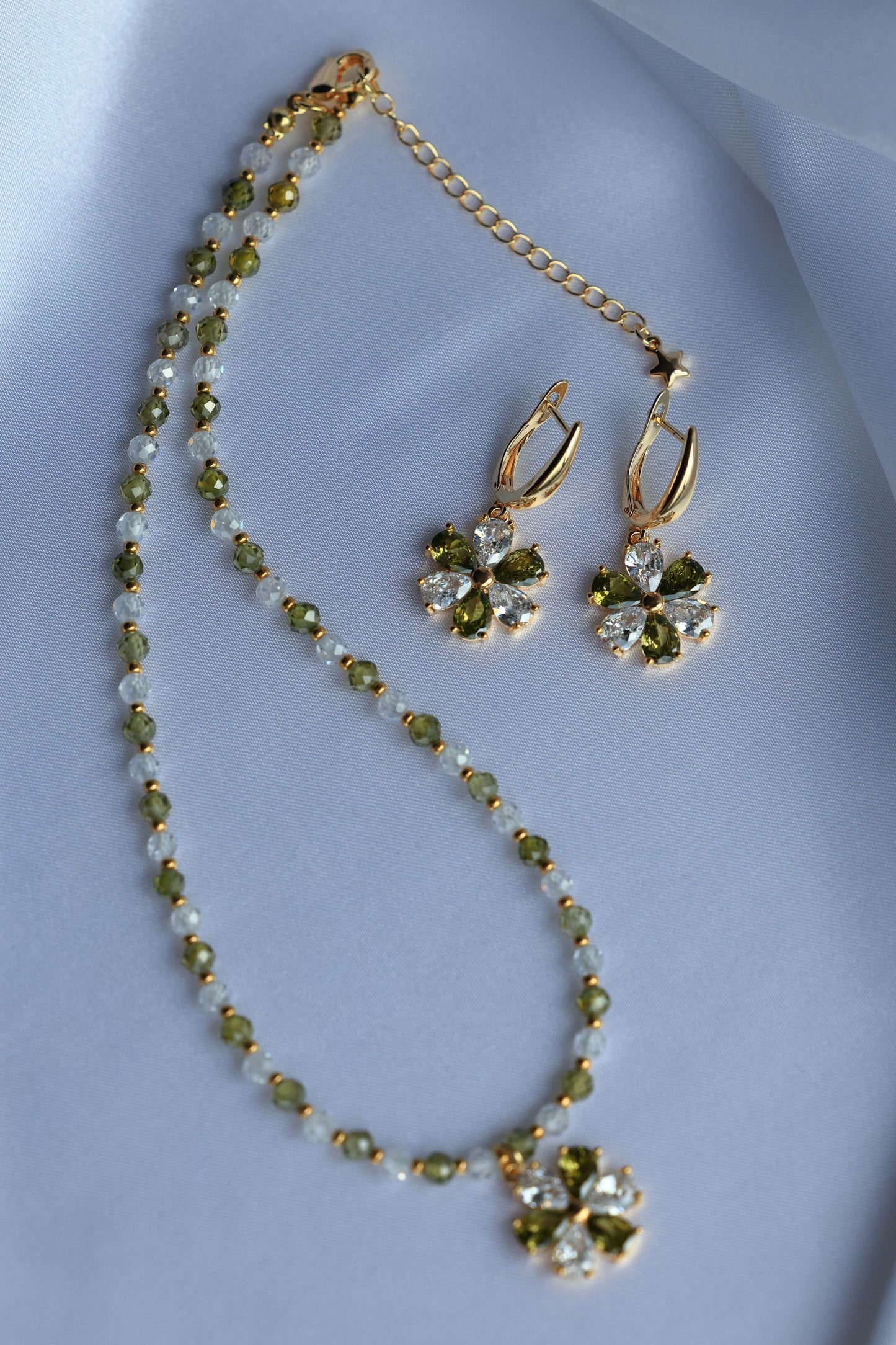 SET Necklace + Earrings, Green Zircon and 24K Gold plated beads