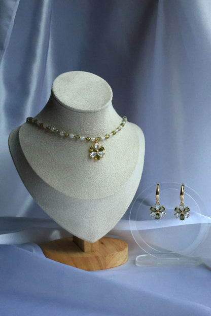 SET Necklace + Earrings, Green Zircon and 24K Gold plated beads