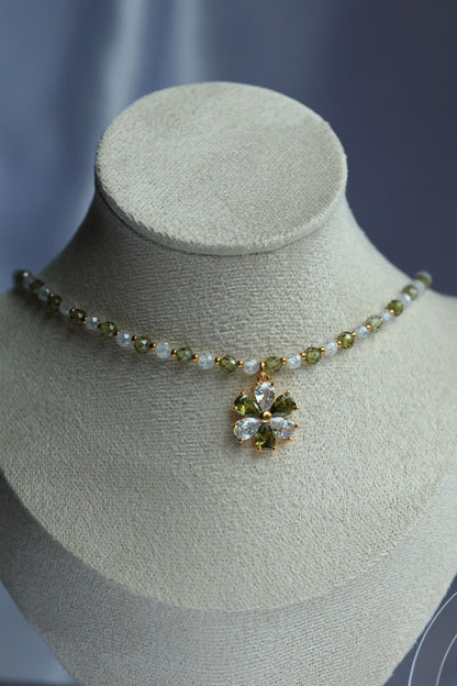 SET Necklace + Earrings, Green Zircon and 24K Gold plated beads