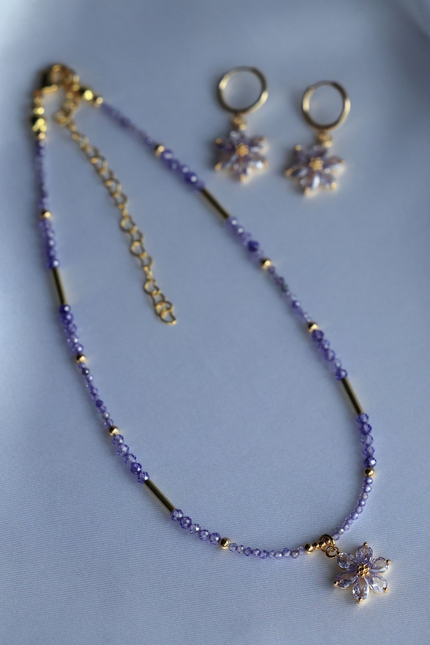 SET Necklace + Earrings, Natural Purple Zircon and Flower Pendant