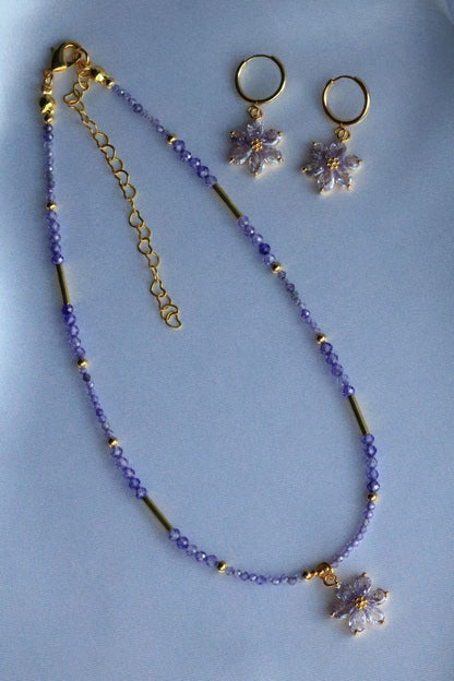 SET Necklace + Earrings, Natural Purple Zircon and Flower Pendant