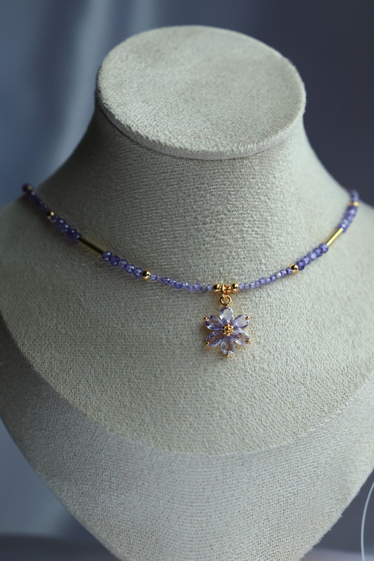 SET Necklace + Earrings, Natural Purple Zircon and Flower Pendant