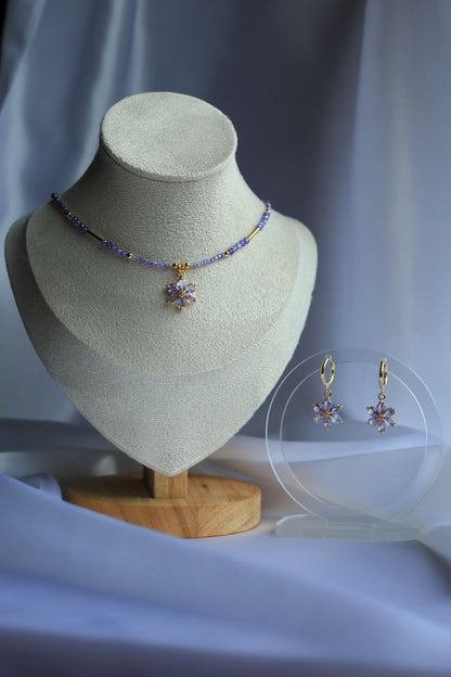 SET Necklace + Earrings, Natural Purple Zircon and Flower Pendant