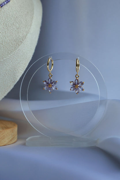 SET Necklace + Earrings, Natural Purple Zircon and Flower Pendant