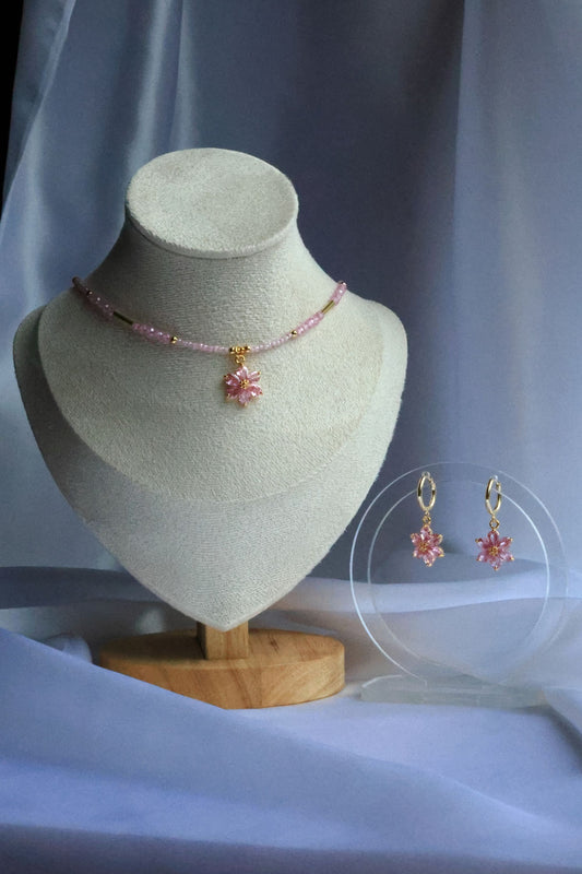 SET Necklace + Earrings, Natural Pink Zircon and Flower Pendant