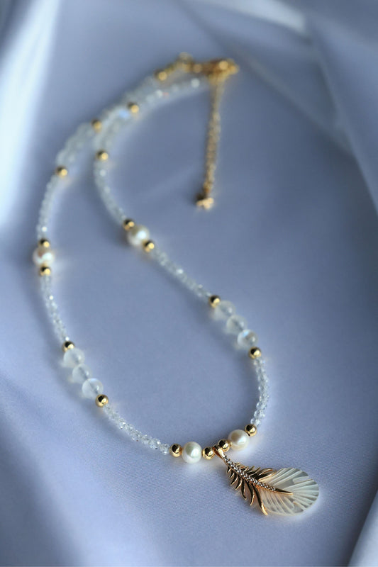 Natural Freshwater Pearl, Moonstone and Zircon Necklace with Feather Pendant