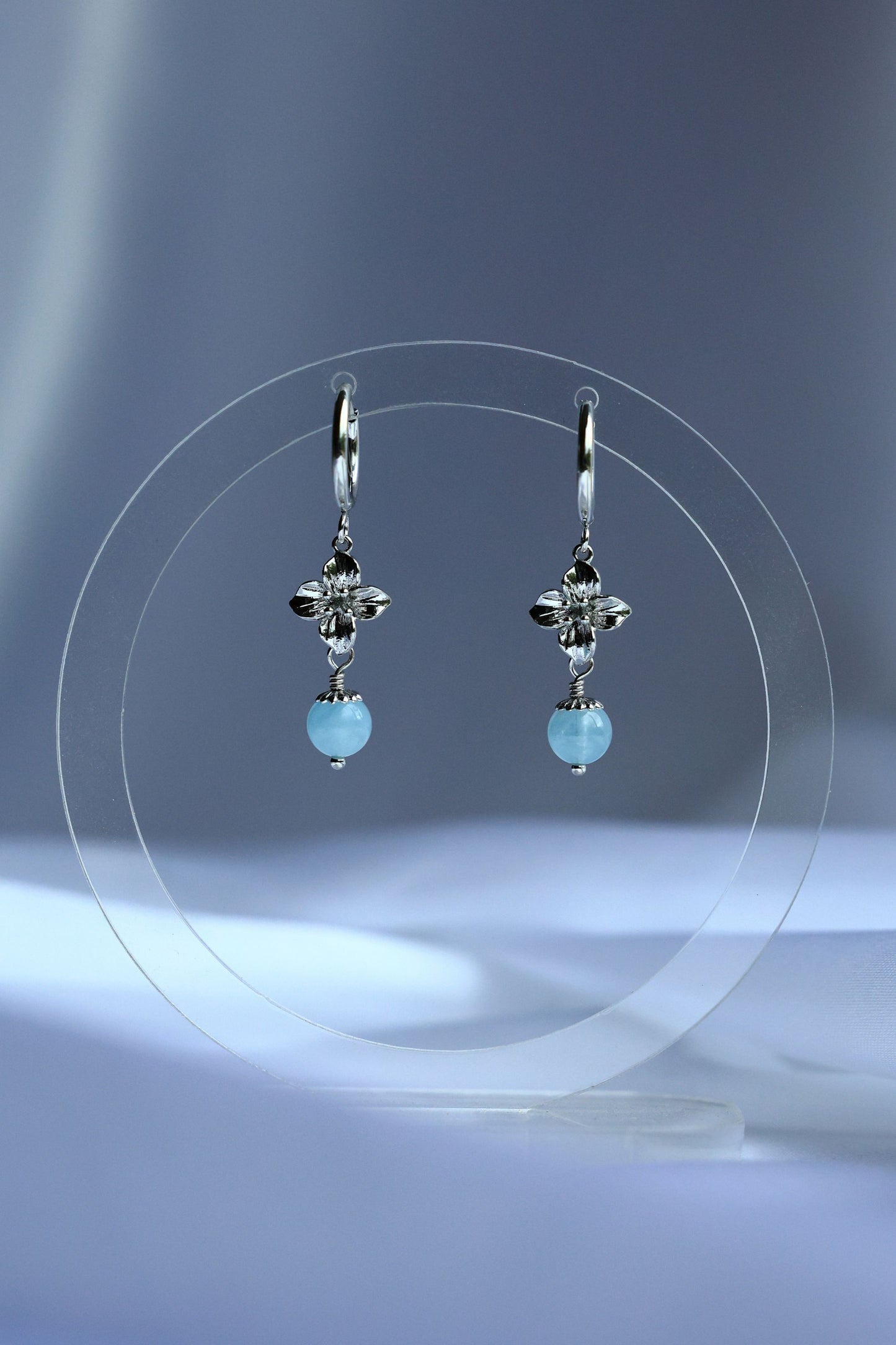 Rhodium plated Aquamarine Hoop Earrings