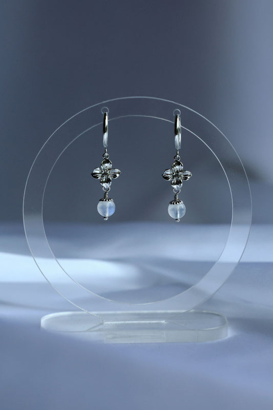 Rhodium plated Moonstone Hoop Earrings