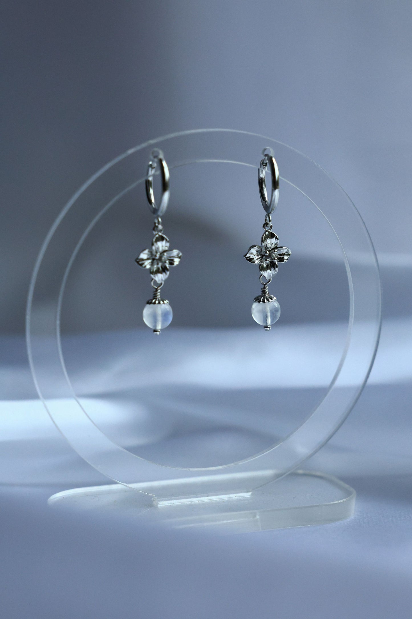 Rhodium plated Moonstone Hoop Earrings