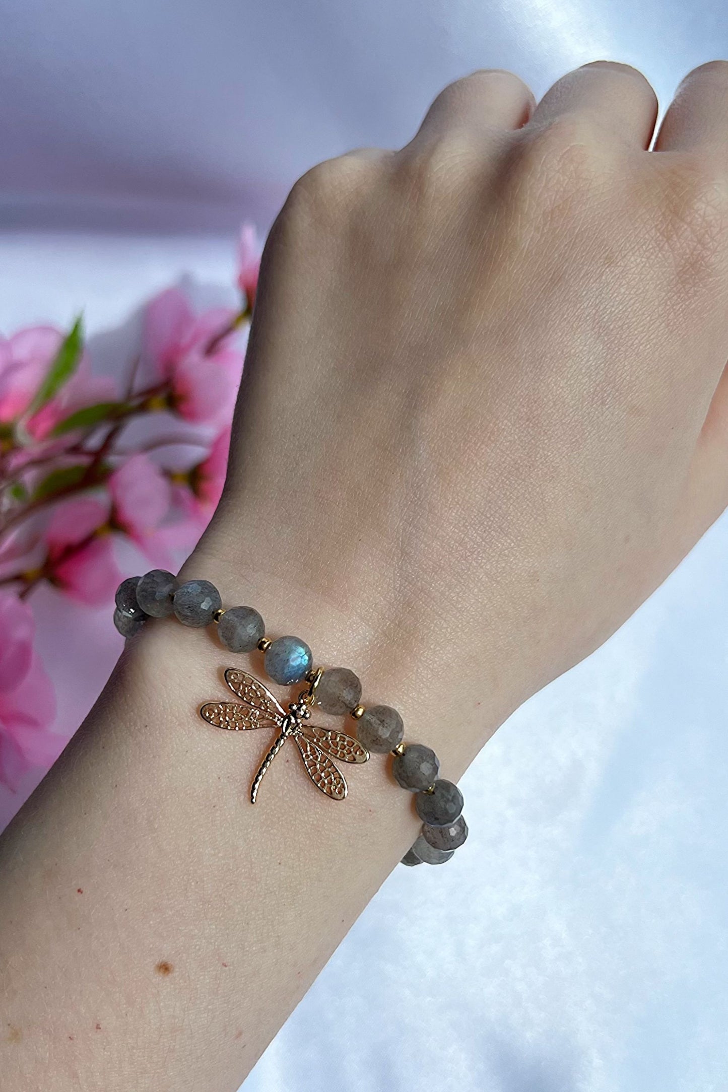 Natural Labradorite Stone Bracelet with a Dragonfly Pendant