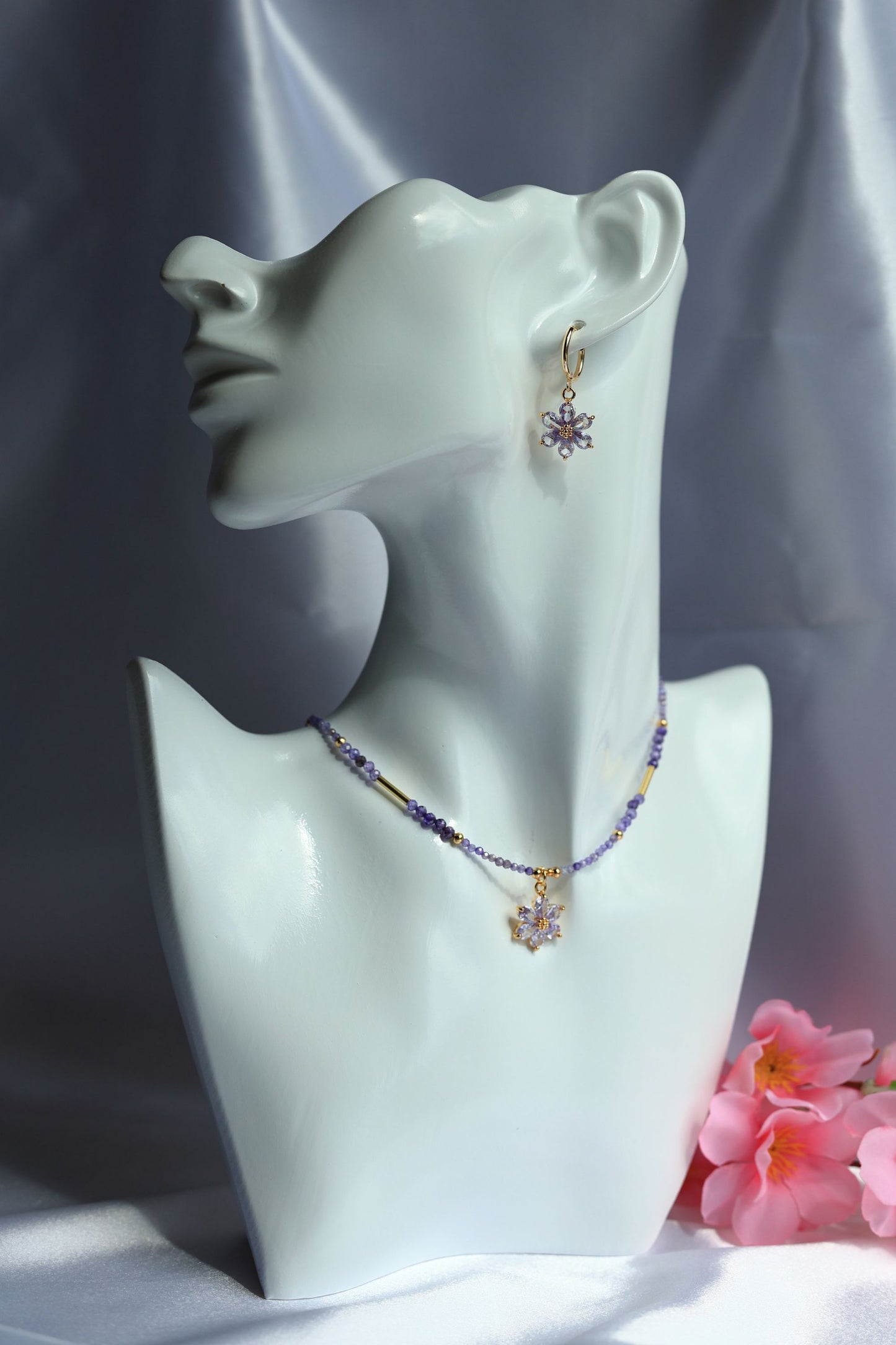 SET Necklace + Earrings, Natural Purple Zircon and Flower Pendant