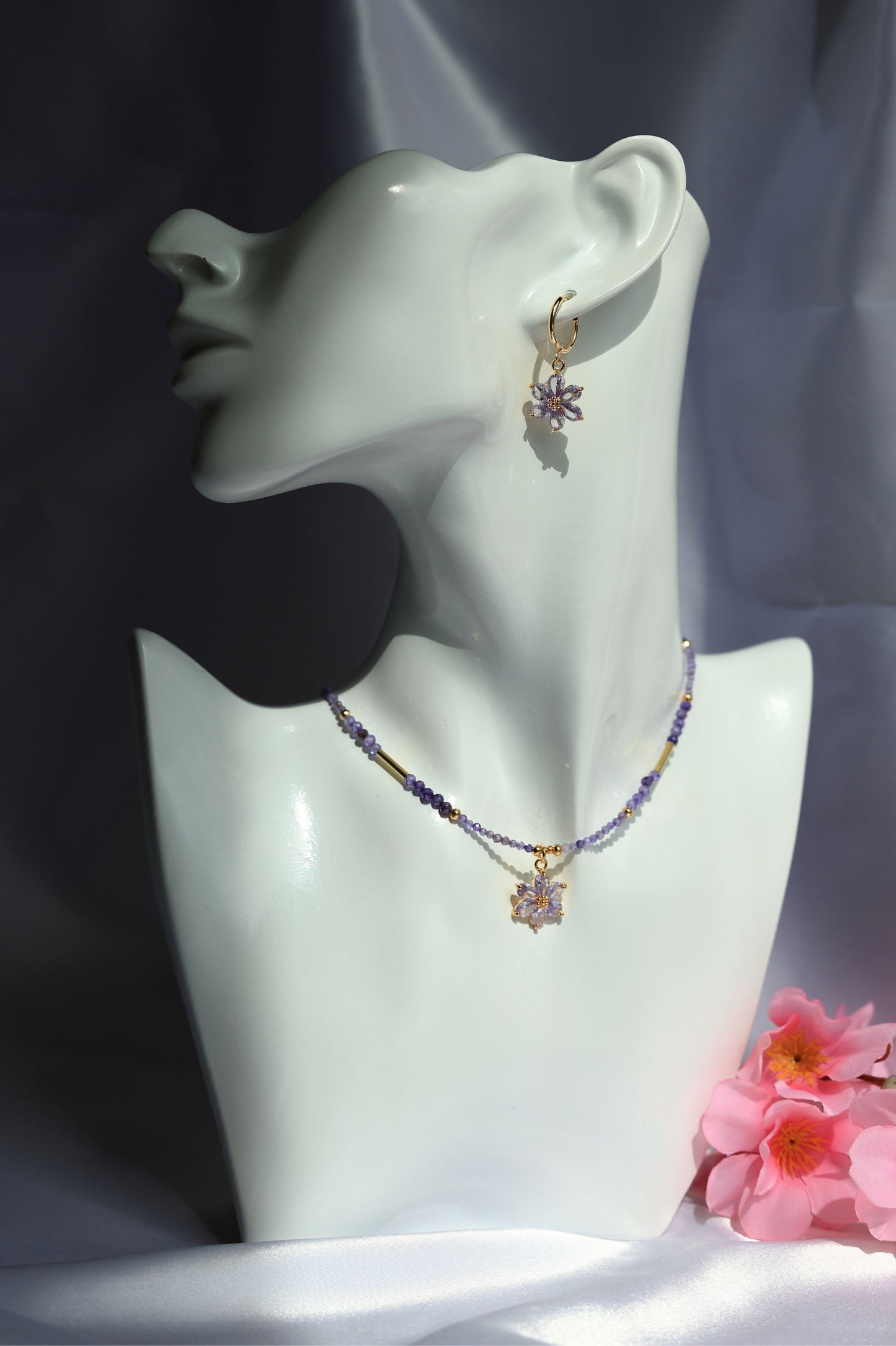 SET Necklace + Earrings, Natural Purple Zircon and Flower Pendant