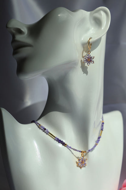 SET Necklace + Earrings, Natural Purple Zircon and Flower Pendant