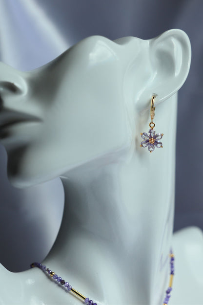 SET Necklace + Earrings, Natural Purple Zircon and Flower Pendant