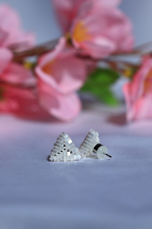 Triangle Stud Earrings "White Silk" 11x11 mm