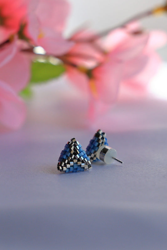 Triangle Stud Earrings "Blue Silk" Palladium plated beads 11x11 mm