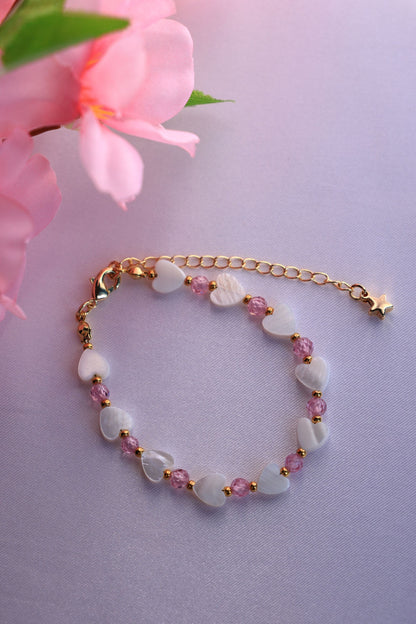 SET Necklace + Earrings + Bracelet, Natural Pink Zircon and Mother of Pearl