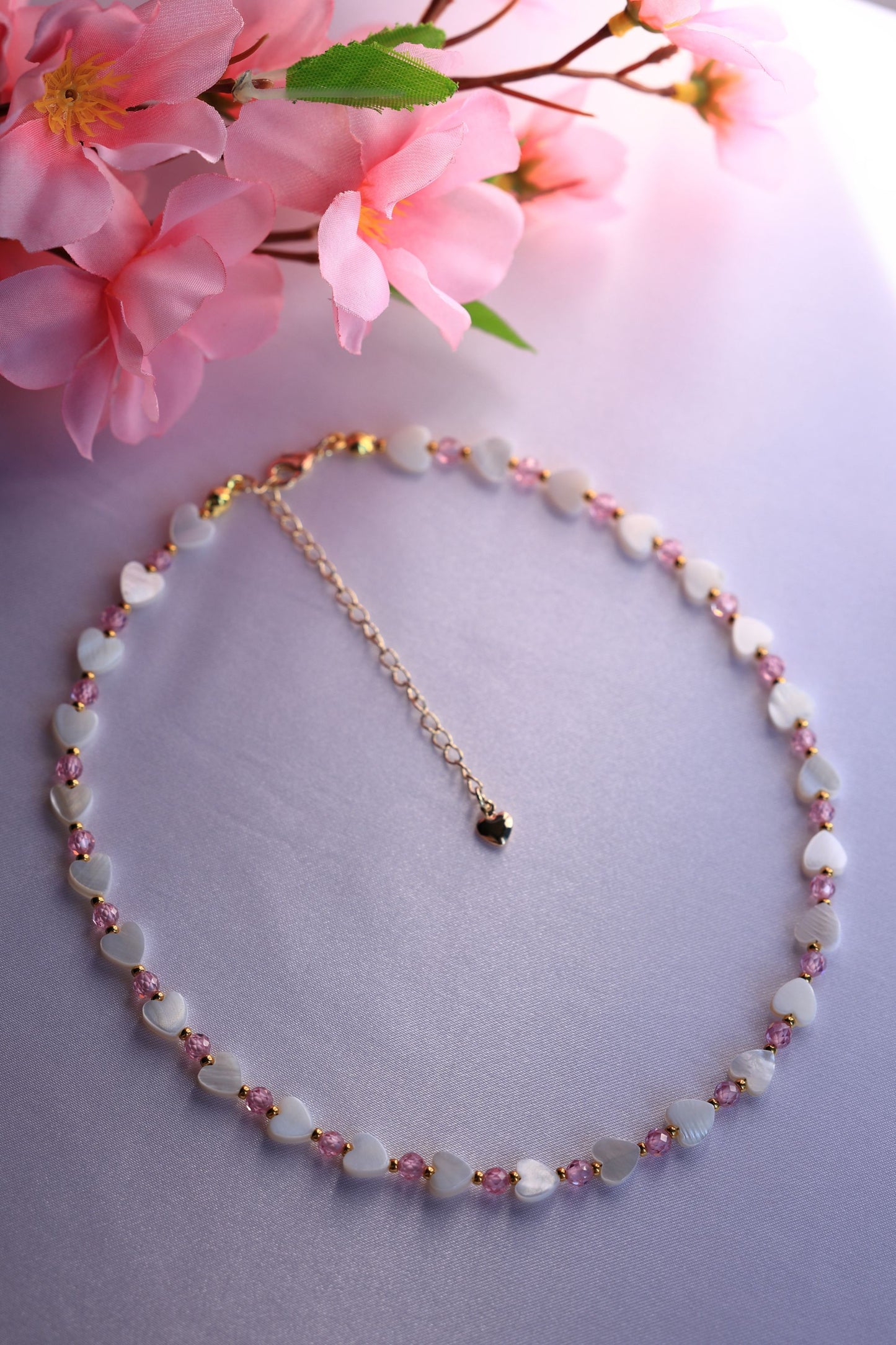 SET Necklace + Earrings + Bracelet, Natural Pink Zircon and Mother of Pearl