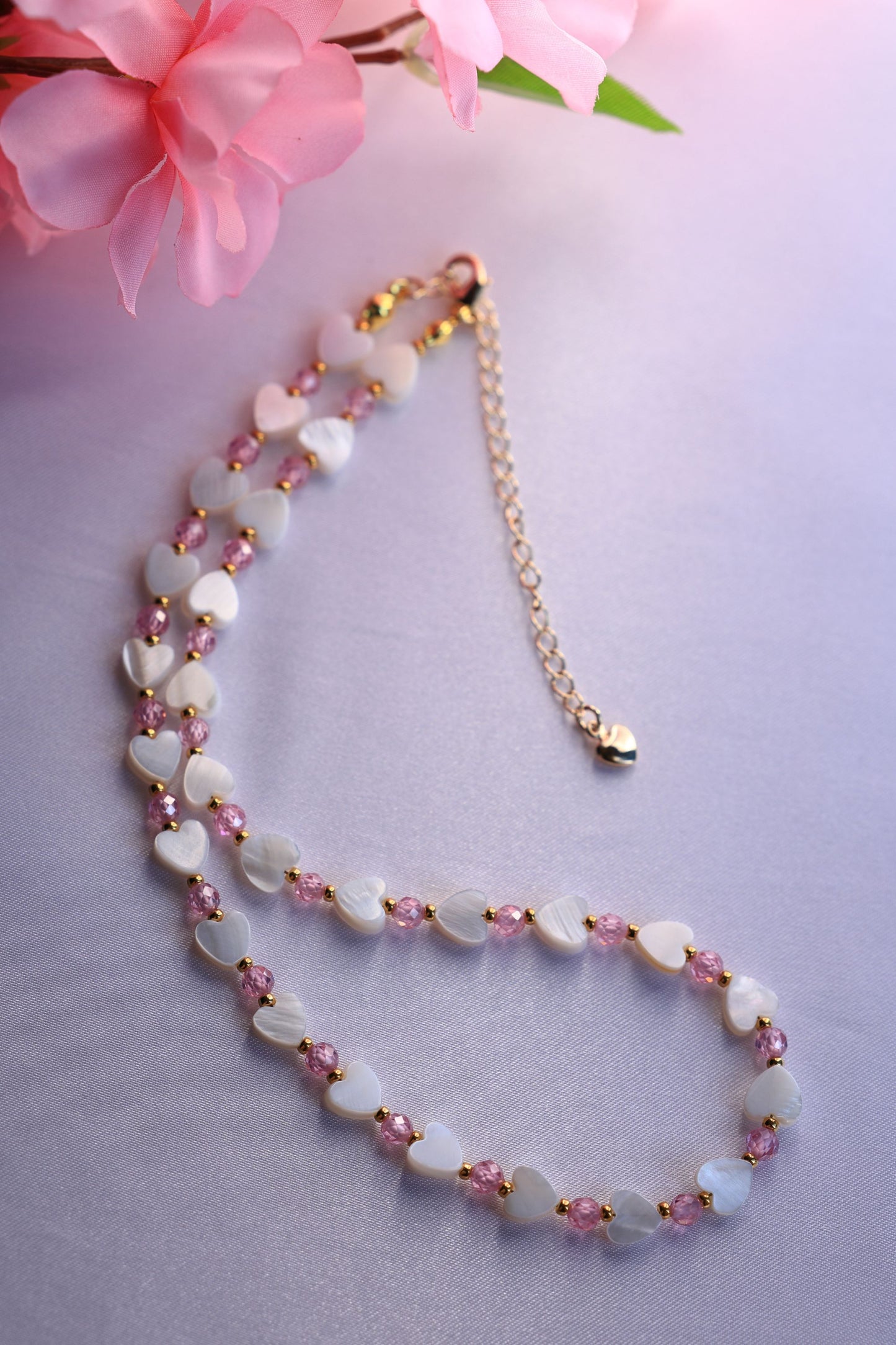 SET Necklace + Earrings + Bracelet, Natural Pink Zircon and Mother of Pearl