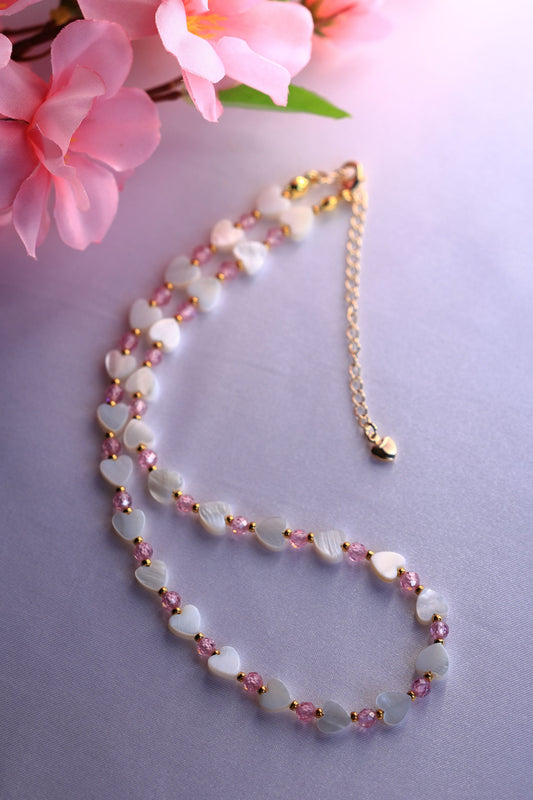 SET Necklace + Earrings + Bracelet, Natural Pink Zircon and Mother of Pearl