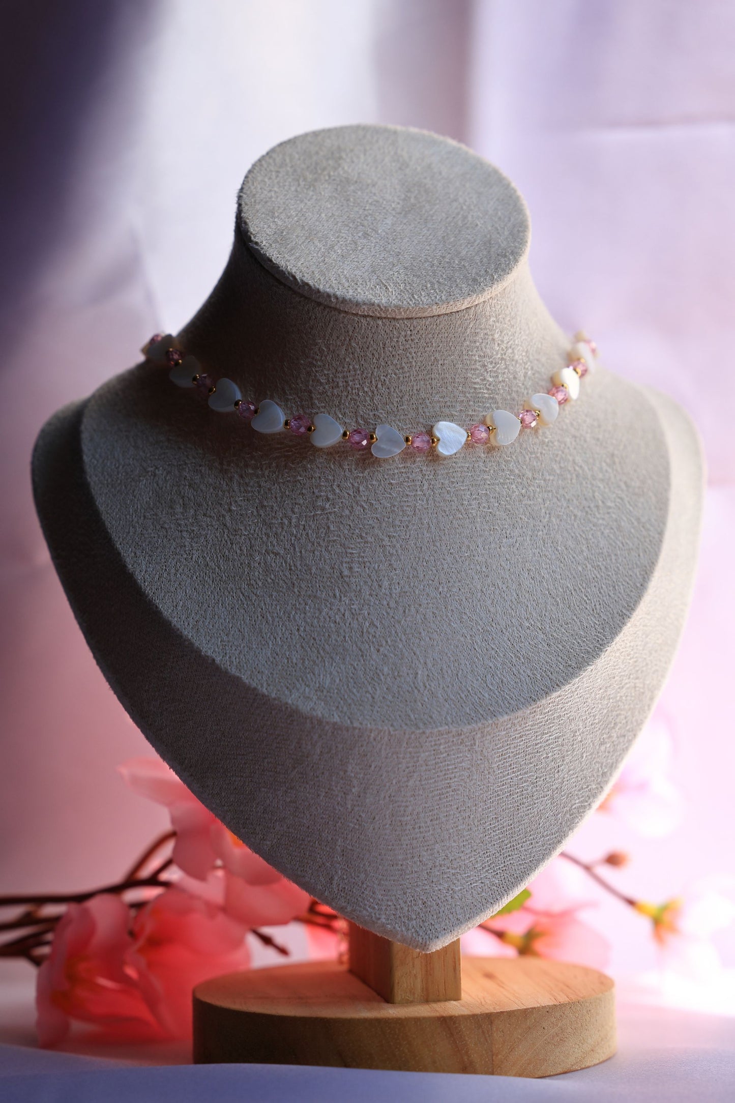 SET Necklace + Earrings + Bracelet, Natural Pink Zircon and Mother of Pearl