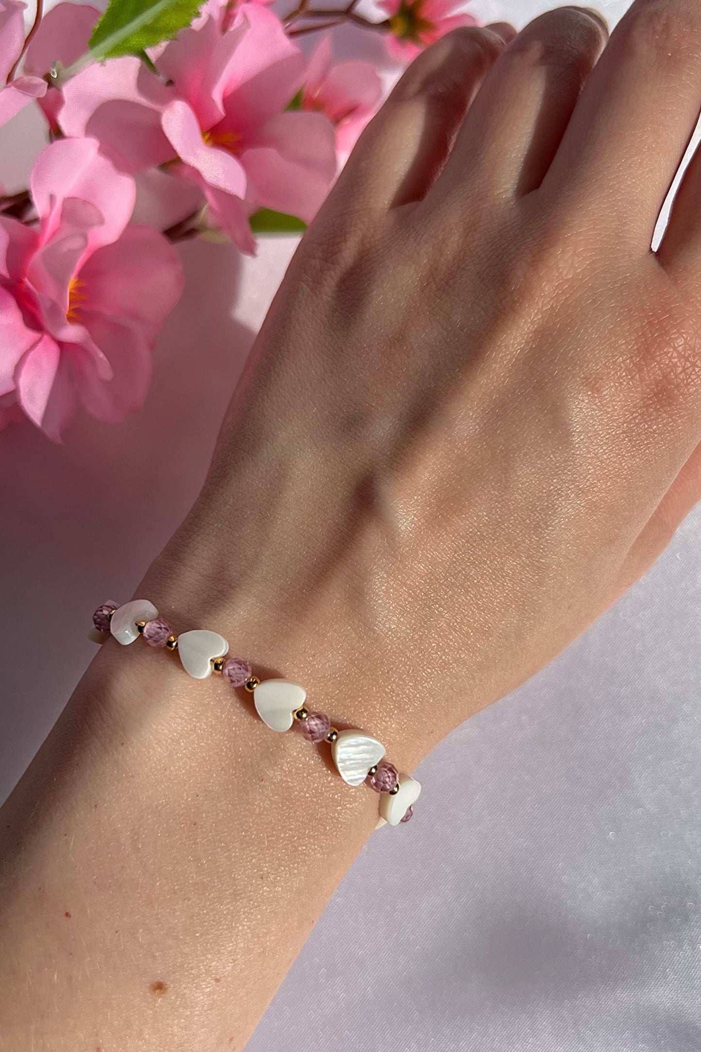 SET Necklace + Earrings + Bracelet, Natural Pink Zircon and Mother of Pearl