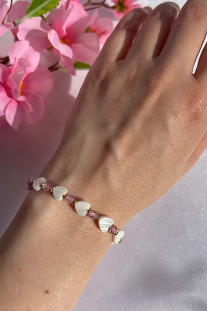 SET Necklace + Earrings + Bracelet, Natural Pink Zircon and Mother of Pearl