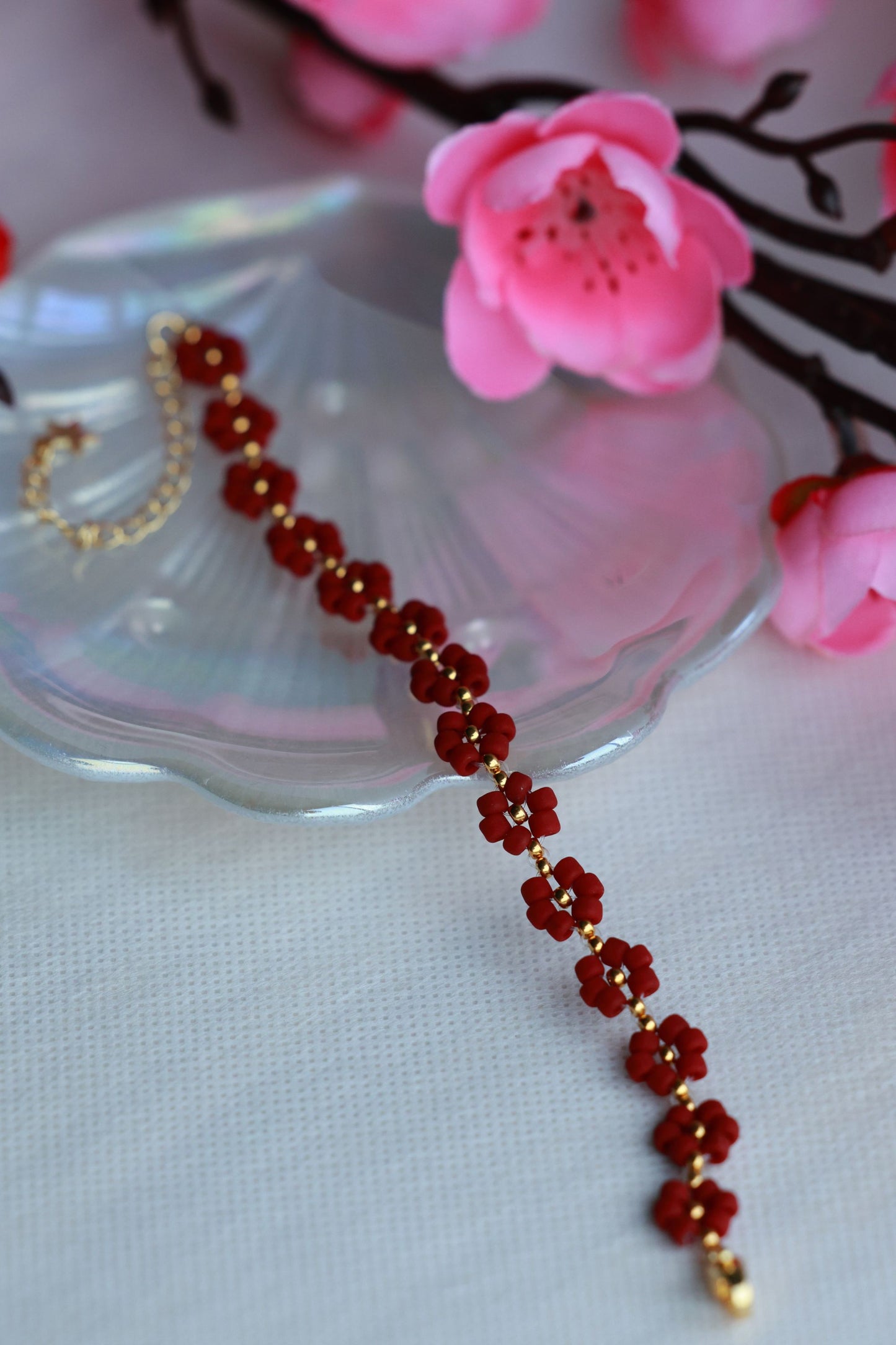 Matte Dark Red and 24K Gold Plated beads Bracelet