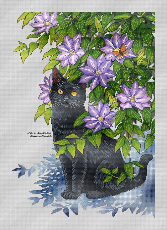 Digital Cross Stitch Pattern "Black cat and flowers"