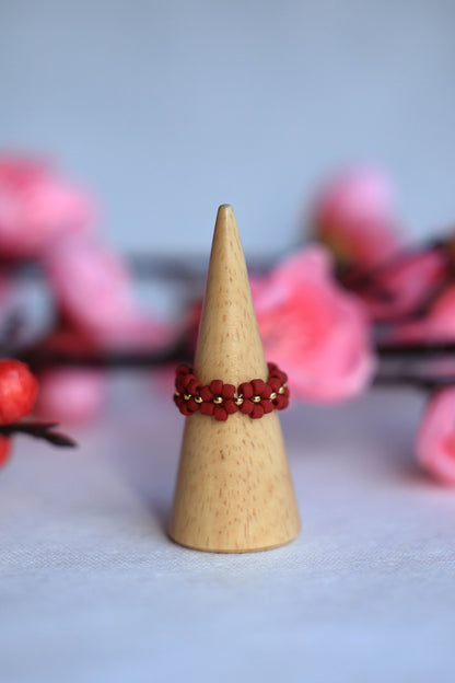 Daisy Ring "Red Velvet" Matte Dark Red and 24K Gold Plated beads