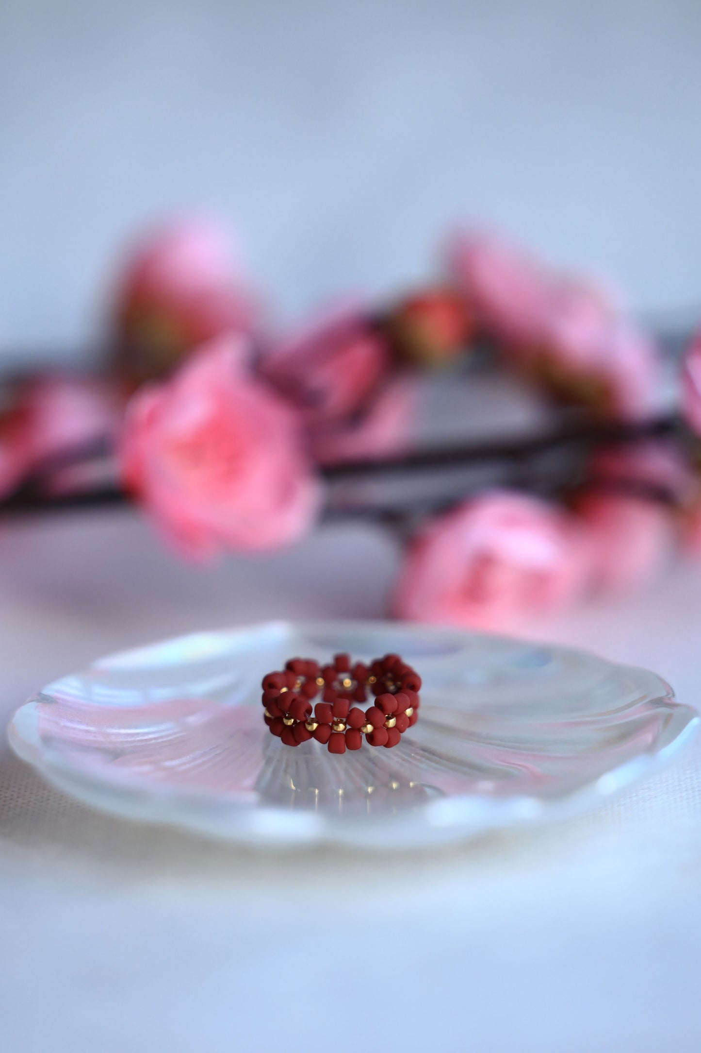 Daisy Ring "Red Velvet" Matte Dark Red and 24K Gold Plated beads