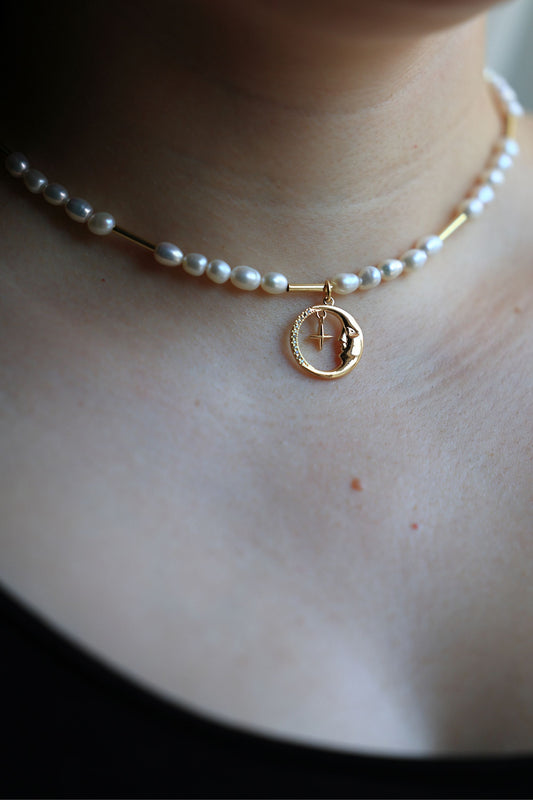 Natural Freshwater Pearl Necklace with a Crescent Moon Pendant