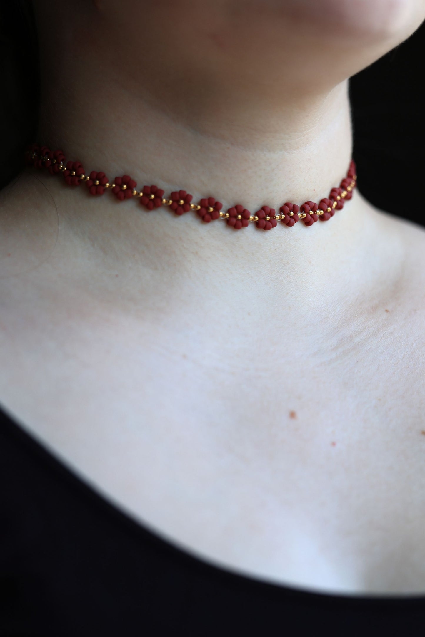 Daisy Necklace "Red Velvet" Matte Red and 24K Gold Plated beads