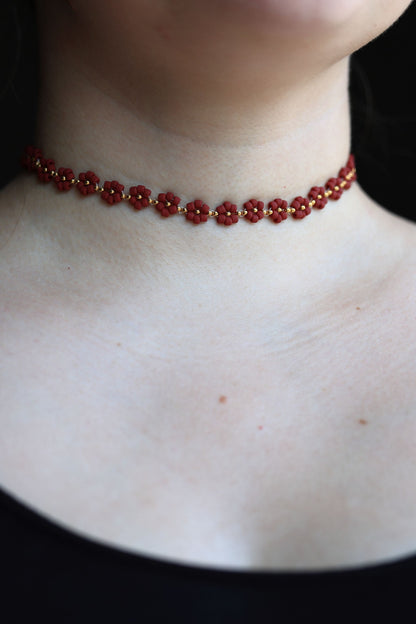 Daisy Necklace "Red Velvet" Matte Red and 24K Gold Plated beads