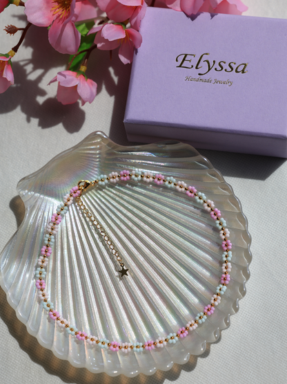 Pastel Floral Beaded Necklace "Marshmallow" with 24K Gold-Plated Beads